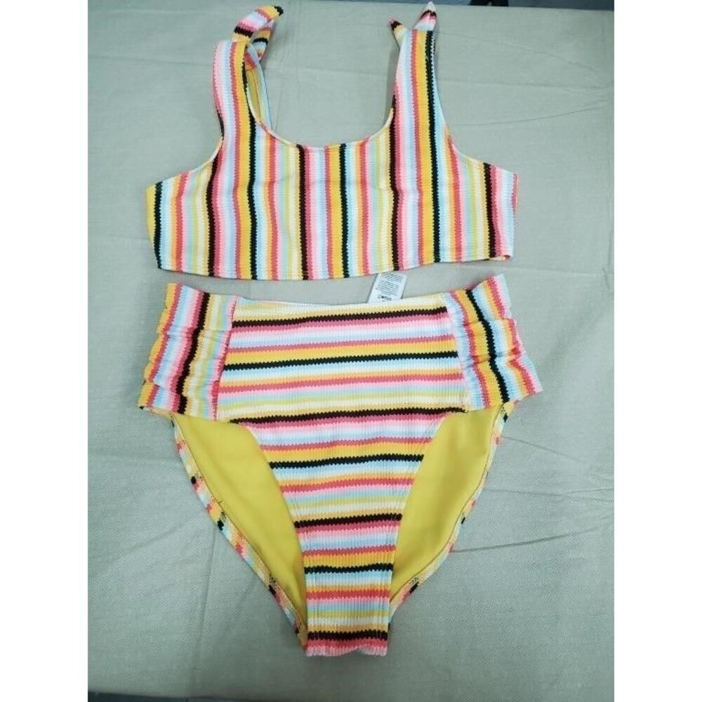 Striped Scoop Neck High Waisted Tummy Control Sporty Two Piece Swimsuit sz 14 16